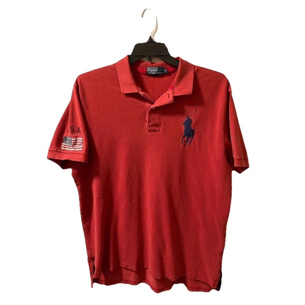 Polo Ralph Lauren Polo Shirt Mens‎ XL Red Big Pony USA Flag American Classic